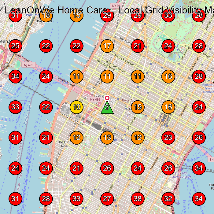 LeanOnWe Home Care GeoGrid visibility map for Social Services Organization in New York